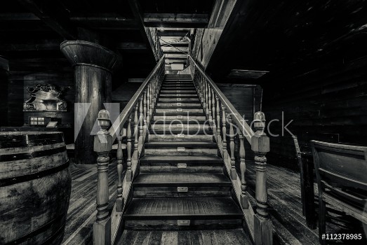 Picture of Wooden staircase Interior of old pirate ship Black and white 